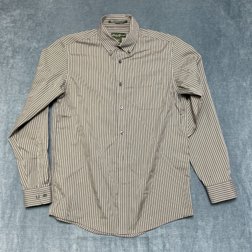 Eddie Bauer Wrinkle Resistant Shirt Mens S Gray Striped Relaxed Fit Button Down